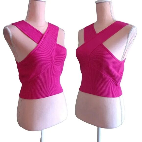 House of Harlow 1960 Hot Pink Ribbed Cross Over Halter Crop Top Large NWT - Picture 5 of 17